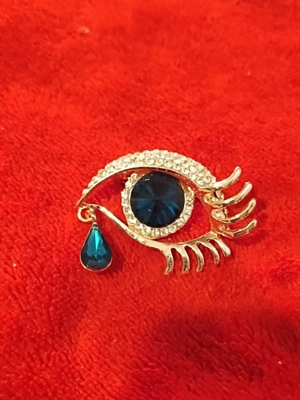 Gold-Tone Eye Brooch with Blue Crystal Tear - Women Jewelry
